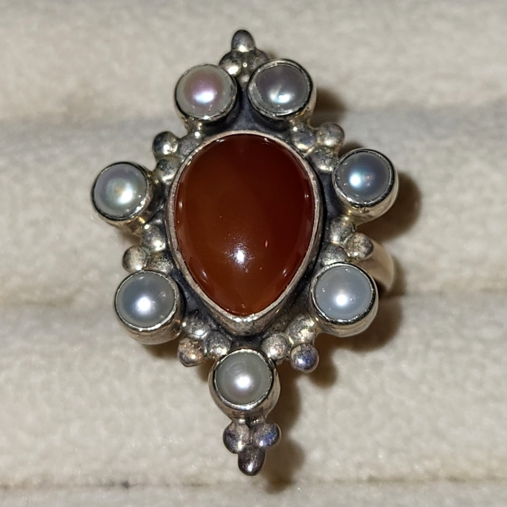Elegant .925 Sterling Silver Honey Onyx / Pearl Ring New